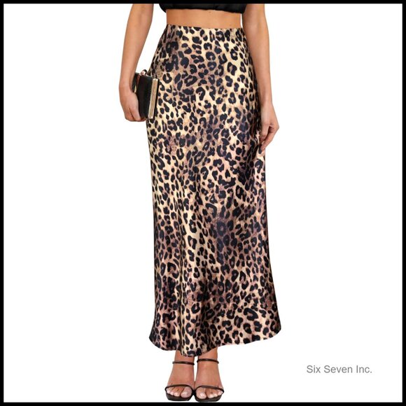 Satin Maxi Skirt High Waisted Elastic Waistband A-Line Leopard Print